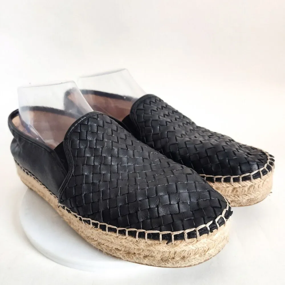 Steve Madden Espadrilles Flats Size 9 Black Woven Leather Slip On Platform Shoes